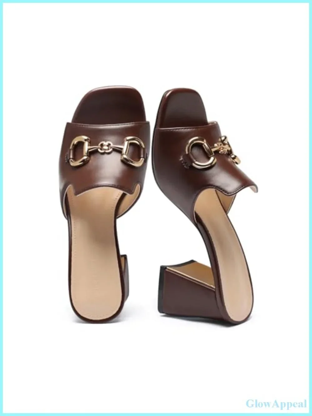 Chunky Block Heel Square Open Toe Mules Women Slip On Sandals Metal Chain Party